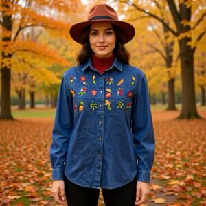 VTG Casey&Max Countrycore Denim ButtonUp Shirt Women M Embroidered Holiday Coton